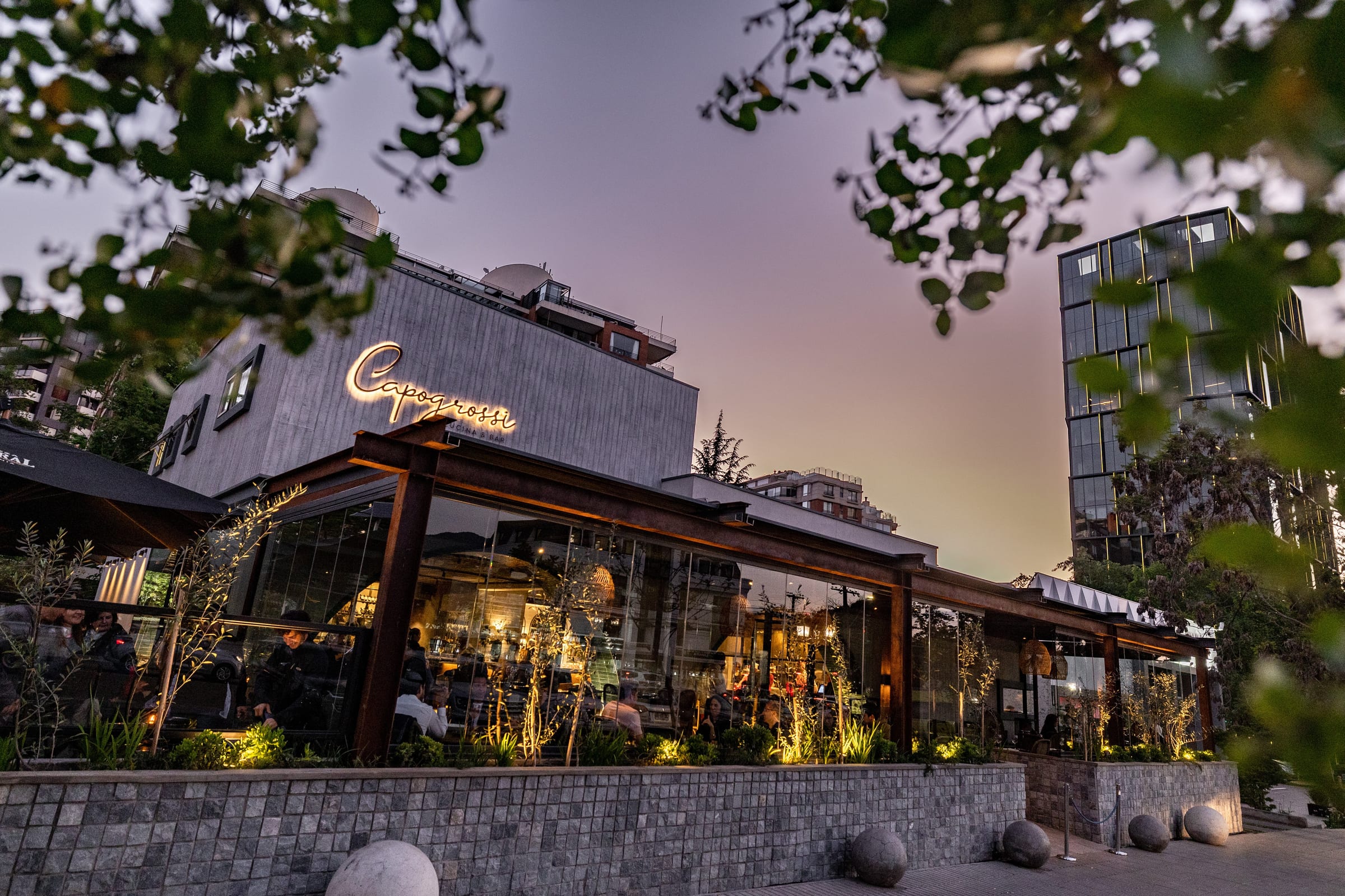A sunset photo of a restaurant in Santiago chile