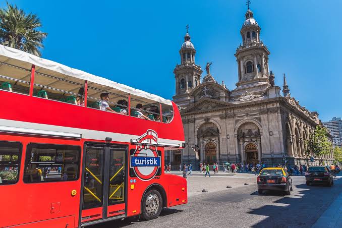 A Santiago city tour bus in the downtown historic district